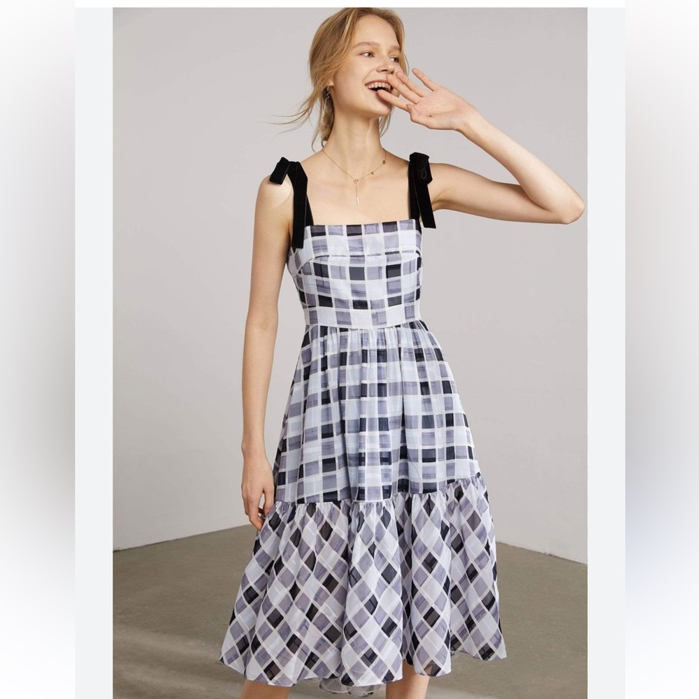J.ING Black and White Plaid Midi Dress with Tie Straps